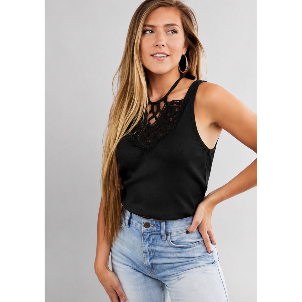 We The Free Free People Black Ribbed Crochet Lace Halter Tank Top Medium